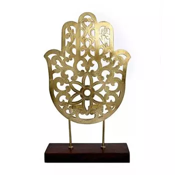 Металлический резной подсвечник на 2 свечи на подставке, Латунь, Iron Cutwork Hamsa T-light With Wdn Stand Brass, произв. John Molly Decor&Gifts