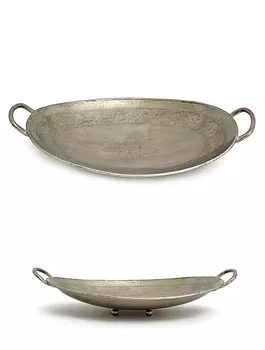 Металлическое большое блюдо с ручками с гравировкой, Никель, Iron Oval Big Tray With Punching Nickel, произв. John Molly Decor&Gifts
