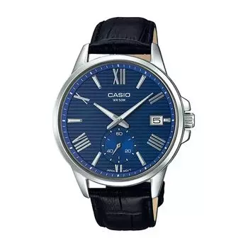 Мужские часы с черным кожаным ремешком, Black Leather Men's Watch, произв. Casio