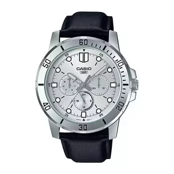 Мужские часы с кожаным черным ремешком, Black Leather Men's Watch, произв. Casio