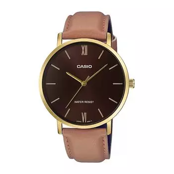 Мужские часы с кожаным коричневым ремешком, Brown Leather Men's Watch, произв. Casio