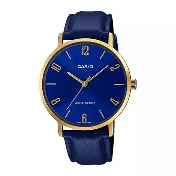 Мужские часы с кожаным синим ремешком, Blue Leather Men's Watch, произв. Casio