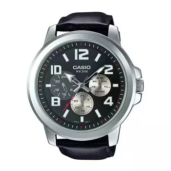 Мужские часы с ремешком из черной кожи, Black Leather Men's Watch, произв. Casio