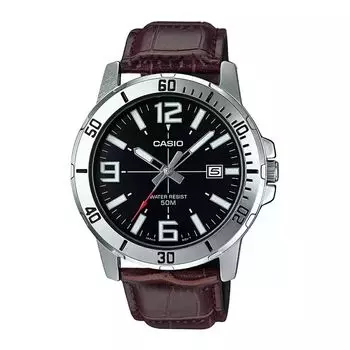 Мужские часы с ремешком из коричневой кожи, Brown Leather Men's Watch, произв. Casio