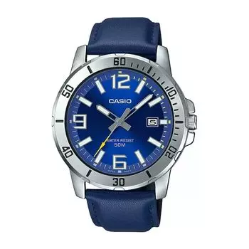 Мужские часы с синим кожаным ремешком, Blue Leather Men's Watch, произв. Casio