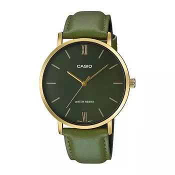 Мужские часы с зеленым кожаным ремешком, Green Leather Men's Watch, произв. Casio