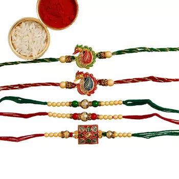 Набор: браслет Ракхи (5 шт), Синдур и Рис, Green & Red Pack of 5 Meenakari Rakhis and Roli Chawal, произв. eCraftIndia