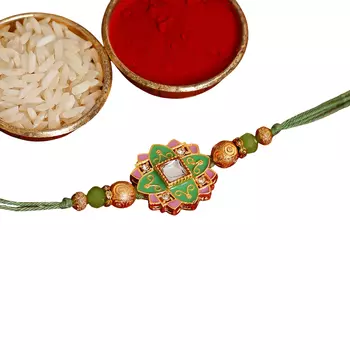 Набор: браслет Ракхи, Синдур и Рис, Green & Pink Meenakari Rakhi and Roli Chawal Set, произв. eCraftIndia