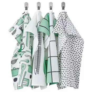 Набор кухонных полотенец с бело-зеленым принтом (4 шт), RINNIG Tea Towel White/Green/Patterned Set, произв. IKEA