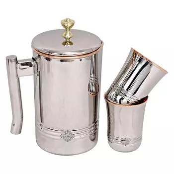 Набор: кувшин и 2 стакана из меди и стали, Copper Steel Jug and Glass Set, произв. Indian Art Villa
