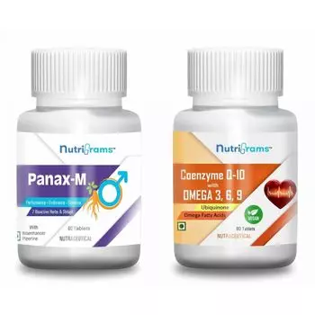 Набор Панакс-М + Коэнзим Q10 с Омега 3, 6, 9 (2 x 60 таб, 800 мг), Panax-M + Coenzyme Q10 with Omega 3, 6, 9 Set, произв. Nutrigrams