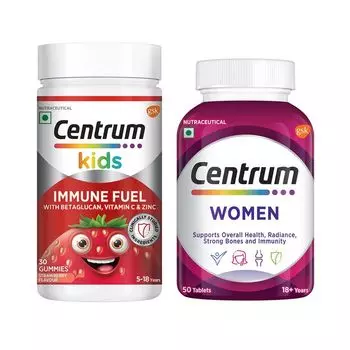 Набор: жевательные конфеты для детского иммунитета и добавка для женщин (30 шт + 50 таб), Kids Immune Fuel Gummies & Women Set, произв. Centrum