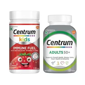 Набор: жевательные конфеты для детского иммунитета и добавка для взрослых 50+ (30 шт + 50 таб), Kids Immune Fuel Gummies & Adults 50+ Set, произв. Centrum