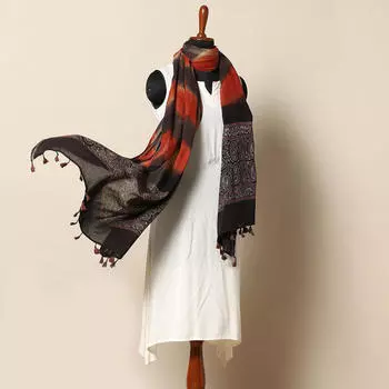 Накидка черная с оранжевыми полосами, Handblock Orange Print Shibori Cotton Dupatta, произв. MYINDIA