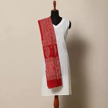 Накидка красная с огурцами, Handblock Cucumber Print Cotton Mull Dupatta, произв. MYINDIA