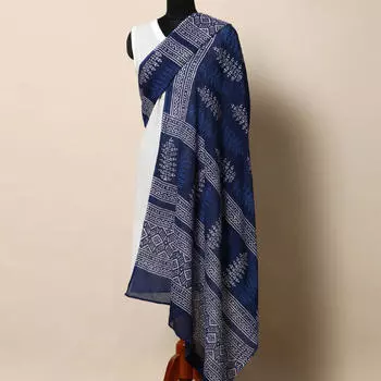 Накидка синяя с белым рисунком, Handblock White Print Cotton Mull Dupatta, произв. MYINDIA