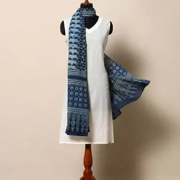 Накидка синяя с голубым рисунком, Handblock Print Ajrak Barmer Cotton Dupatta Blue, произв. MYINDIA