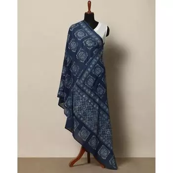 Накидка синяя с узором, Handblock Print Ajrak Barmer Cotton Mull Dupatta Dark Blue, произв. MYINDIA