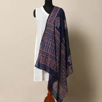 Накидка темно-синяя, Handblock Dark Print Cotton Mull Dupatta, произв. MYINDIA