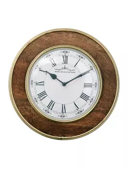 Настенные металлические часы с деревянной отделкой, Латунь, 20 см, Wooden Round Wall Clock Brass 8, произв. John Molly Decor&Gifts