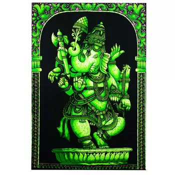 Настенный гобелен с изображением зеленого Ганеши (110 см х 75 см), Wall Hanging Green Ganesha, произв. MYINDIA