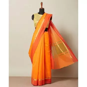 Оранжевое сари с золотистой окантовкой, South Silk Saree with Zari Pallu, произв. AJIO