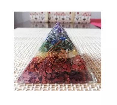 Оргонитовая Пирамида с Настоящими Камнями для 7 Чакр, Real 7 Chakra Healing Orgonite Pyramid For Reiki, произв. Kalyan Puja