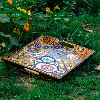 Поднос из дерева, Wooden Tray Floral Pattern, Handmade, произв. MYINDIA