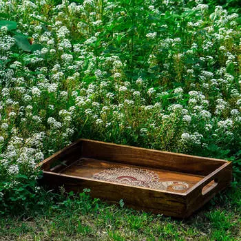 Поднос из дерева, Wooden Tray White Pattern, Handmade, произв. MYINDIA