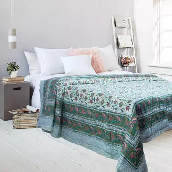 Покрывало, Bedcover Green Floral Pattern, Handmade, произв. MYINDIA