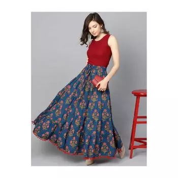Расклешенная синяя юбка с цветочным принтом, Floral Print Flared Blue Skirt, произв. AJIO