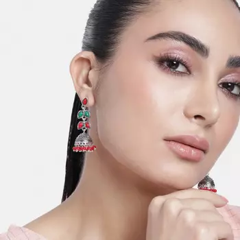 Red colour pearl drop Jhumka Earrings