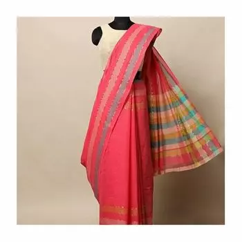 Розовое сари с цветными полосами, South Cotton Striped Saree with Zari, произв. MYINDIA