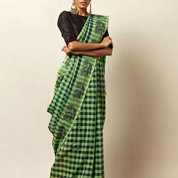 Салатовое сари в клетку, Checked Cotton Saree with Buti at Border, произв. MYINDIA