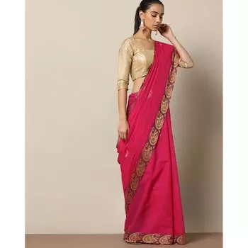 Сари цвета фуксии, Jamdani Buta Cotton Saree with Paisley Border, произв. MYINDIA