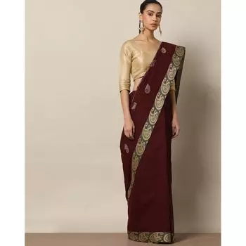 Сари цвета марсала, Jamdani Cotton Saree with Paisley Buta, произв. MYINDIA