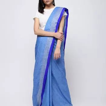Сари голубое прямого кроя, Solid Woven Saree with Blouse, произв. MYINDIA
