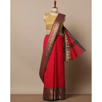 Сари из тонкого хлопка с каймой четтинад, Theni Fine Cotton Saree with Chettinadu Border, произв. AJIO