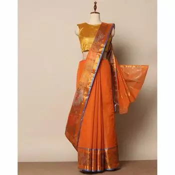 Сари из южного хлопка с каймой икат, South Cotton Saree with Ikat Border, произв. AJIO