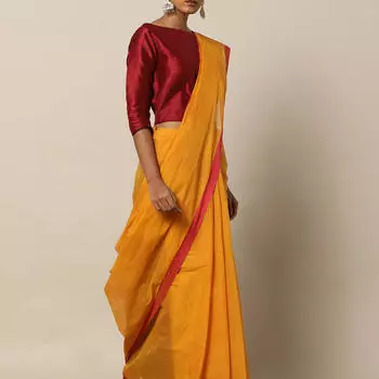 Сари оранжевое с красными полосами, Fine Cotton Saree with Contrast Stripe Pallu, произв. MYINDIA
