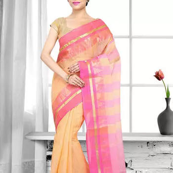 Сари оранжевого цвета, Orange Cotton Handloom Saree, произв. MYINDIA