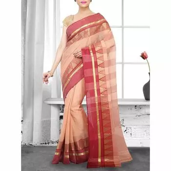 Сари персикого цвета, Peach Cotton Handloom Saree, произв. MYINDIA