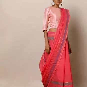 Сари розовое с голубыми полосами, South Cotton Striped Saree with Zari, произв. MYINDIA