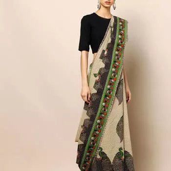 Сари с индийским рисунком, Printed Kalamkari Cotton Saree, произв. MYINDIA