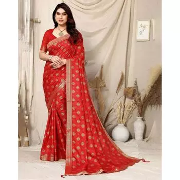 Сари с принтом и кружевной каймой, Foil-Print Saree with Lace Border, произв. AJIO