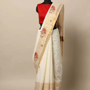 Сари с золотыми полосами, Embroidered Anand Kerala Kasavu Cotton Saree, произв. MYINDIA