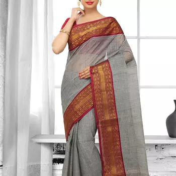 Сари серого цвета, Grey Cotton Tant Saree, произв. MYINDIA