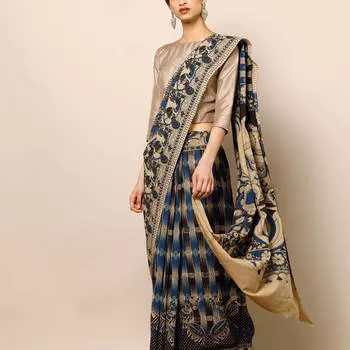 Сари сине-коричневое с птицами, Kalamkari Print Cotton Saree, произв. MYINDIA