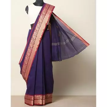 Сари синее хлопковое с тканой каймой, Kanchi Varada Cotton Saree with Woven Border, произв. AJIO
