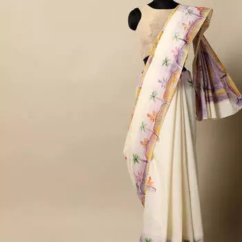 Сари слоновая кость с рисунком, Anand Handpainted Kerala Cotton Saree, произв. MYINDIA